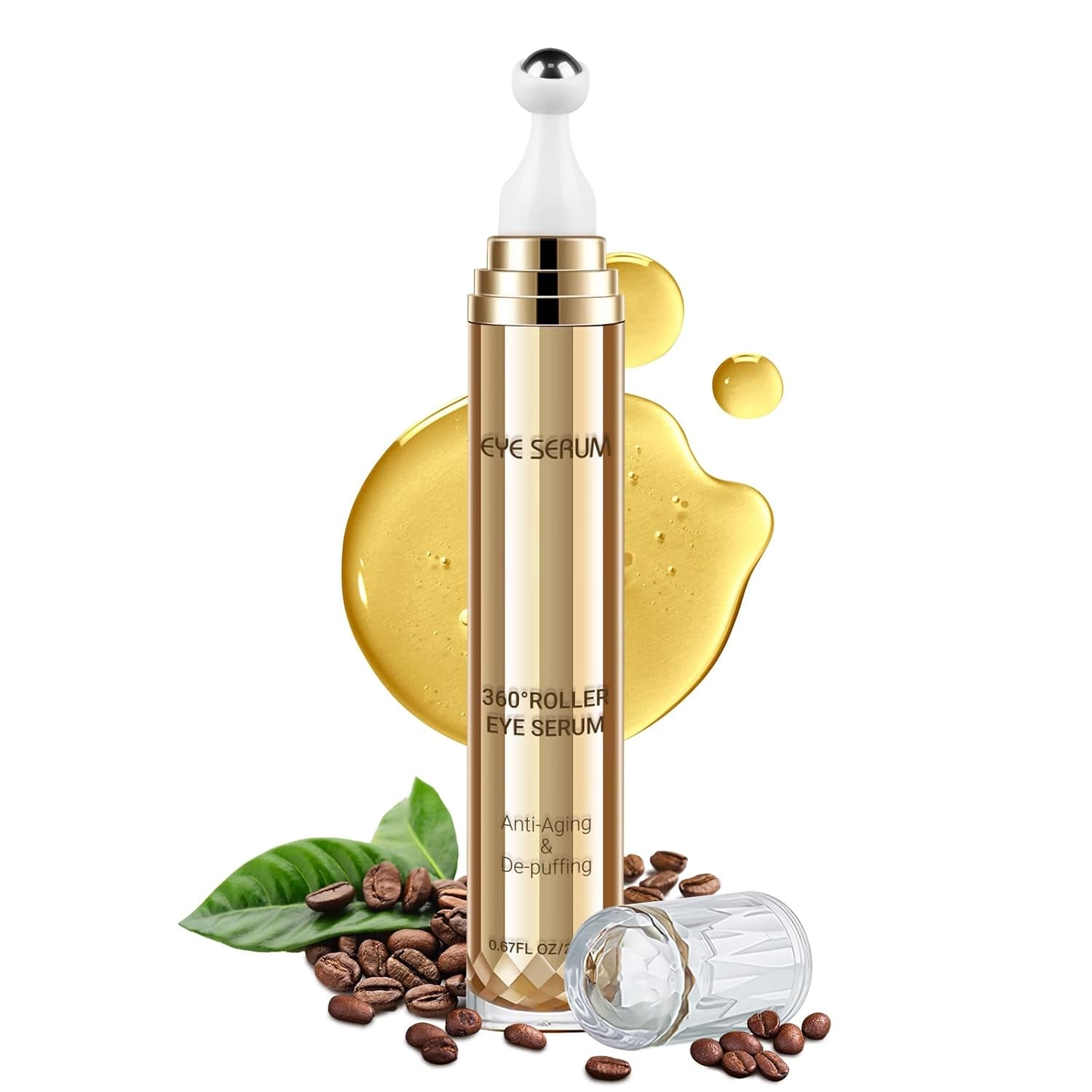 Caffeine Eye Serum, Hyaluronic Acid under Eye Cream for Dark Circles and Puffiness, anti Aging with 360° Massage Ball Reduce Bags, Wrinkles and Fine Lines