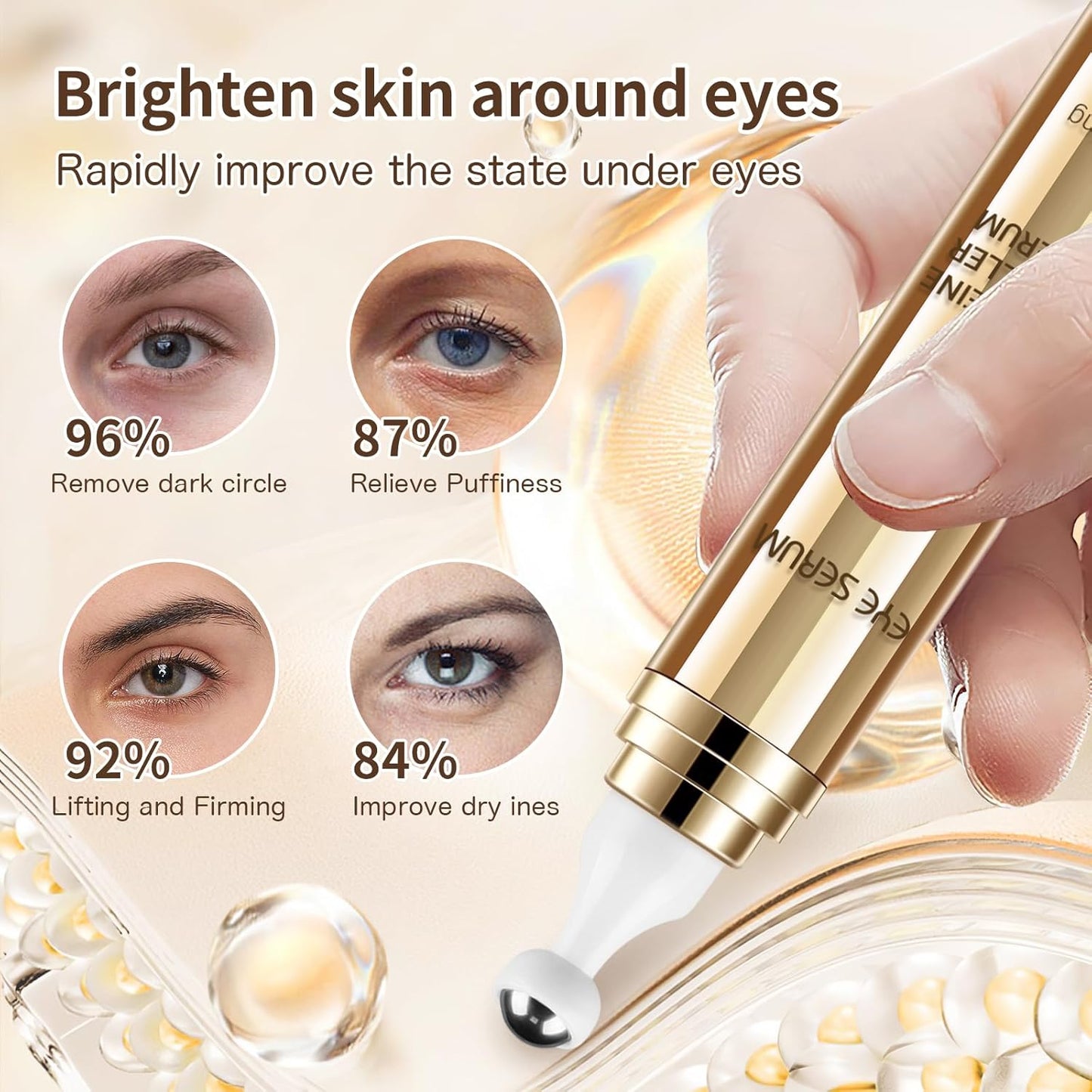 Caffeine Eye Serum, Hyaluronic Acid under Eye Cream for Dark Circles and Puffiness, anti Aging with 360° Massage Ball Reduce Bags, Wrinkles and Fine Lines