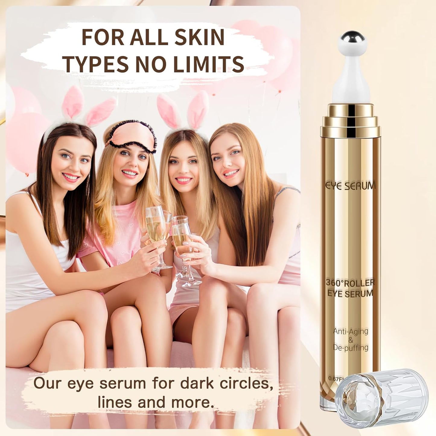 Caffeine Eye Serum, Hyaluronic Acid under Eye Cream for Dark Circles and Puffiness, anti Aging with 360° Massage Ball Reduce Bags, Wrinkles and Fine Lines