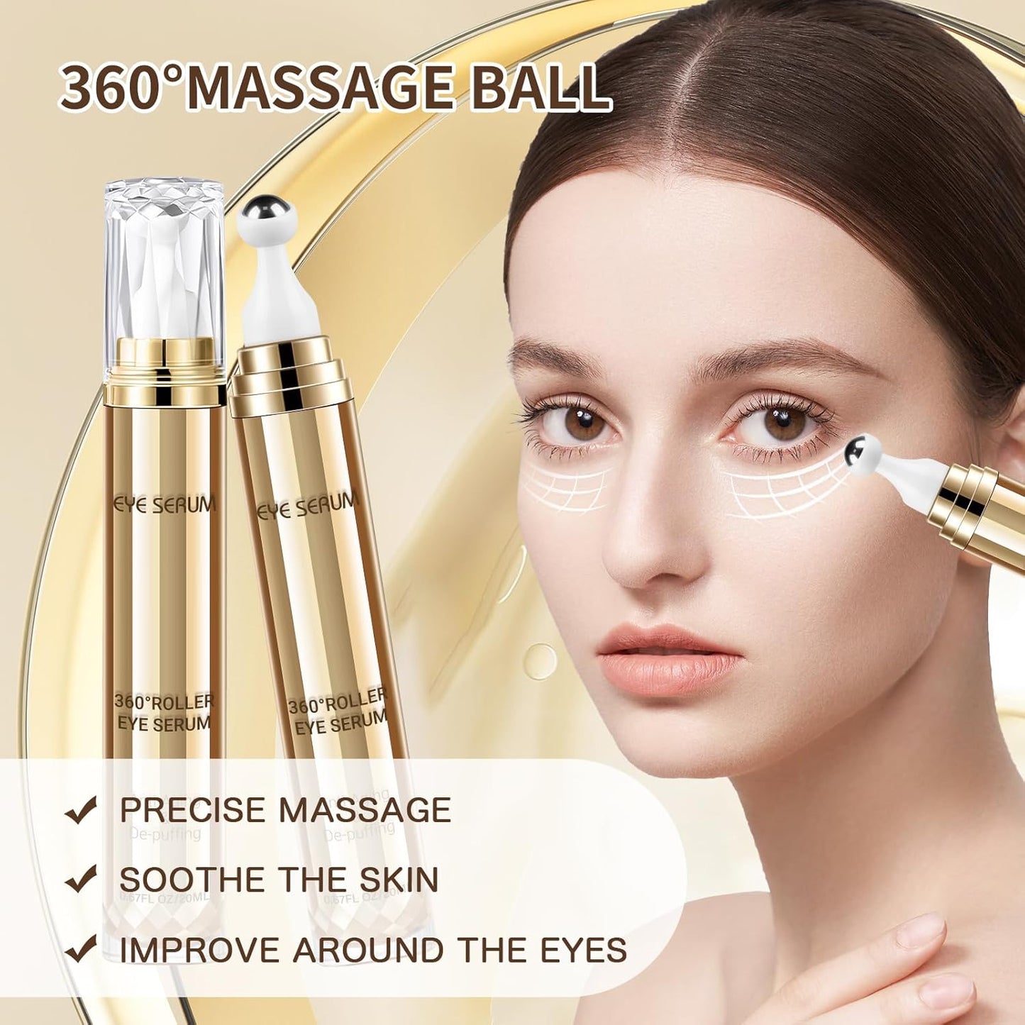 Caffeine Eye Serum, Hyaluronic Acid under Eye Cream for Dark Circles and Puffiness, anti Aging with 360° Massage Ball Reduce Bags, Wrinkles and Fine Lines
