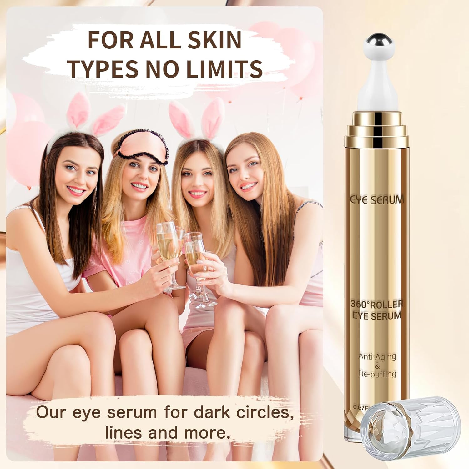 Caffeine Eye Serum, Hyaluronic Acid under Eye Cream for Dark Circles and Puffiness, anti Aging with 360° Massage Ball Reduce Bags, Wrinkles and Fine Lines