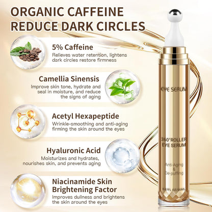 Caffeine Eye Serum, Hyaluronic Acid under Eye Cream for Dark Circles and Puffiness, anti Aging with 360° Massage Ball Reduce Bags, Wrinkles and Fine Lines